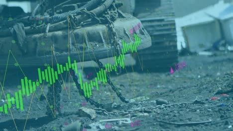 animation of data processing over machines segregating waste at rubbish dump