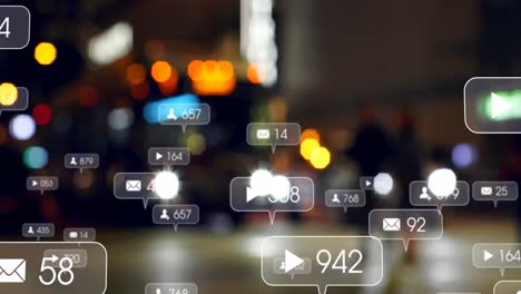 animation of social media icons and numbers over out of focus city and traffic lights