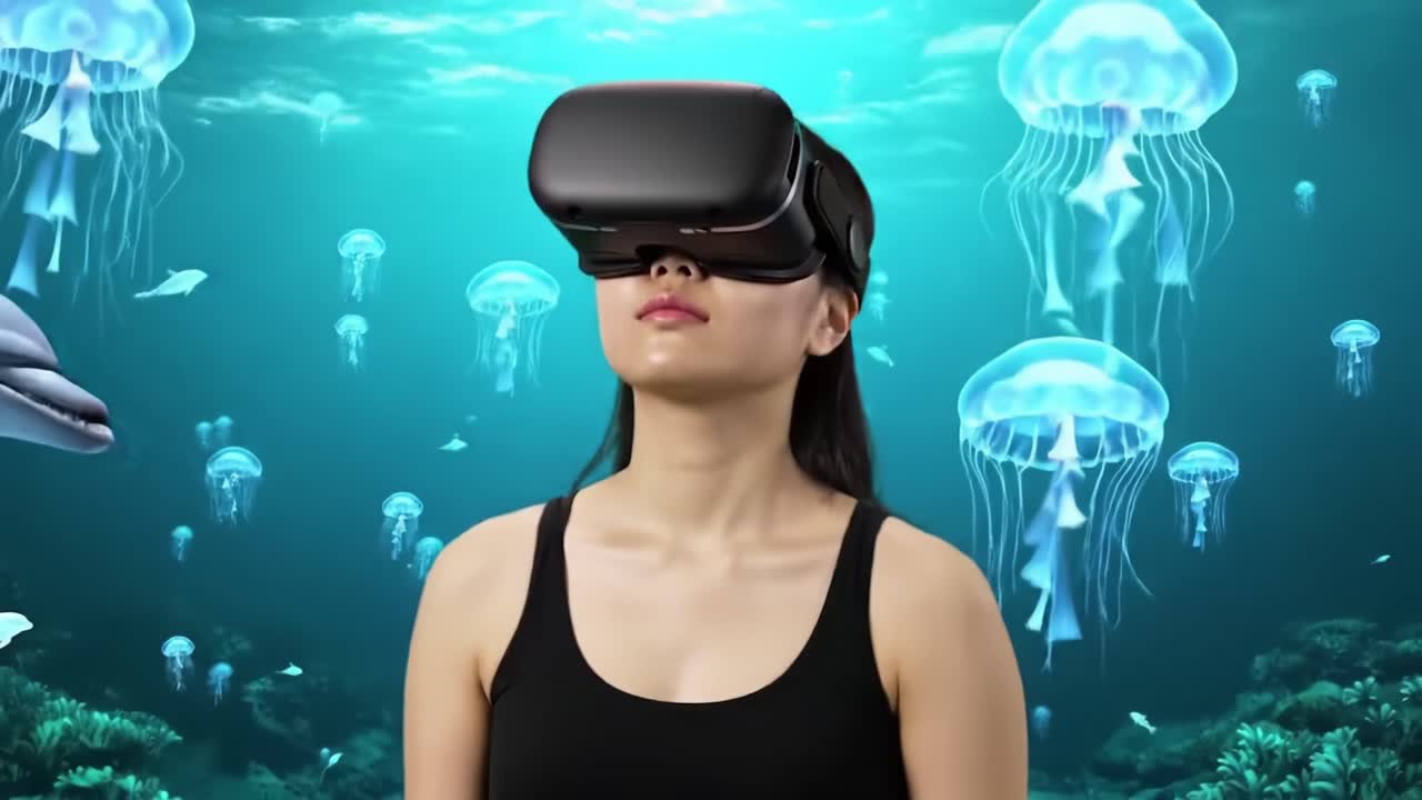 Exploring a Virtual Ocean: A User Engaged with VR Technology Surrounded by Colorful Jellyfish and Playful Dolphins Beneath the Digital Waves of an Underwater Fantasy