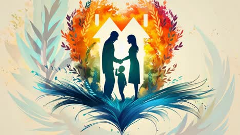 a family of three, a man, a woman, and a child, are embracing each other in a heart shape. concept of love, warmth, and togetherness. the colors used in the image are vibrant and lively