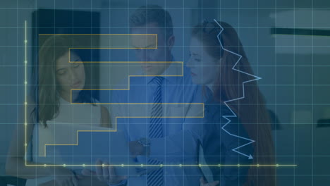analyzing data, business professionals discussing with graph animation overlay in office