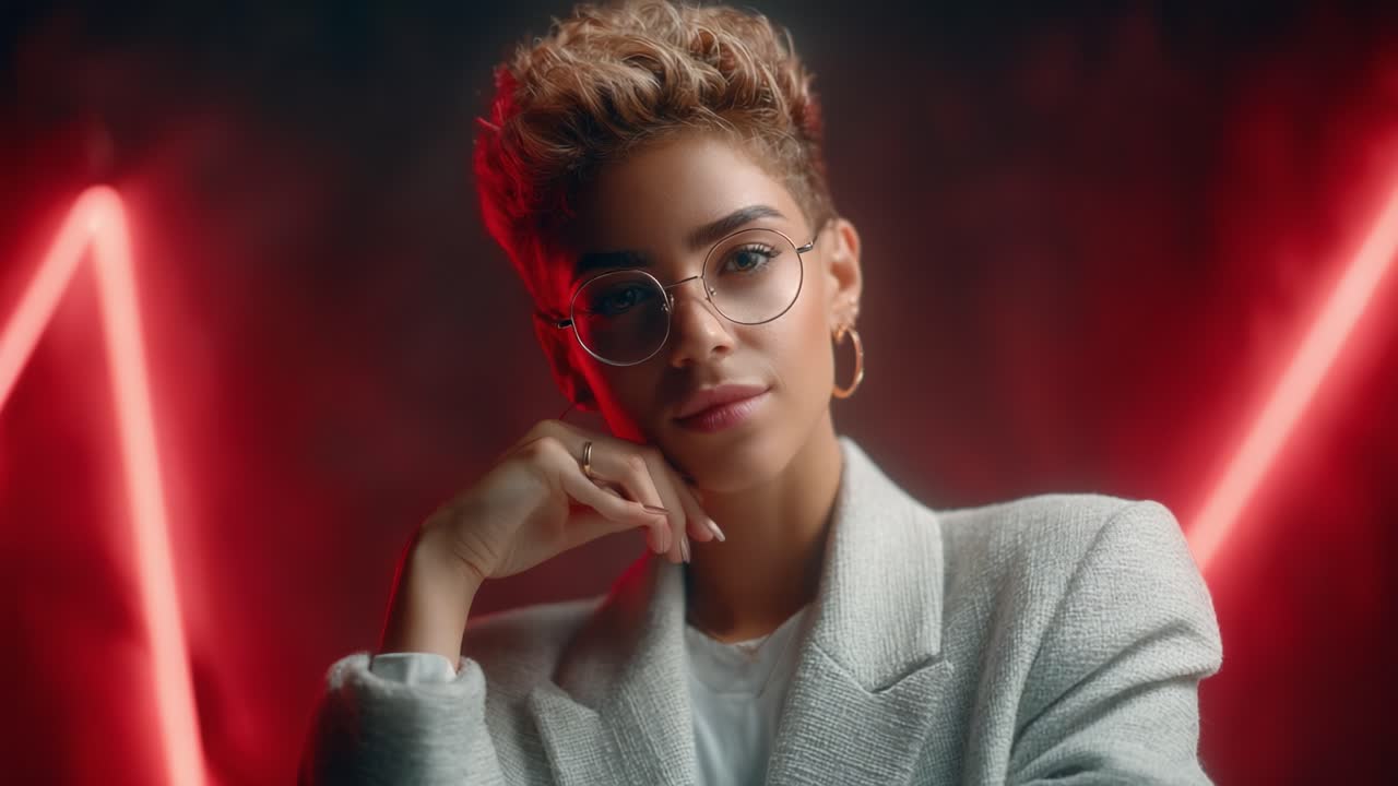 A confident individual poses against a striking backdrop of red neon lights, showcasing elegance and strength in a fashionable setting with thoughtful expression