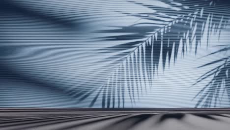 palm leaf shadows on ribbed blue wall and floor. minimalist background scene. tropical summer and vacation concept. design for wallpaper, banner, header, poster. front view with copy space