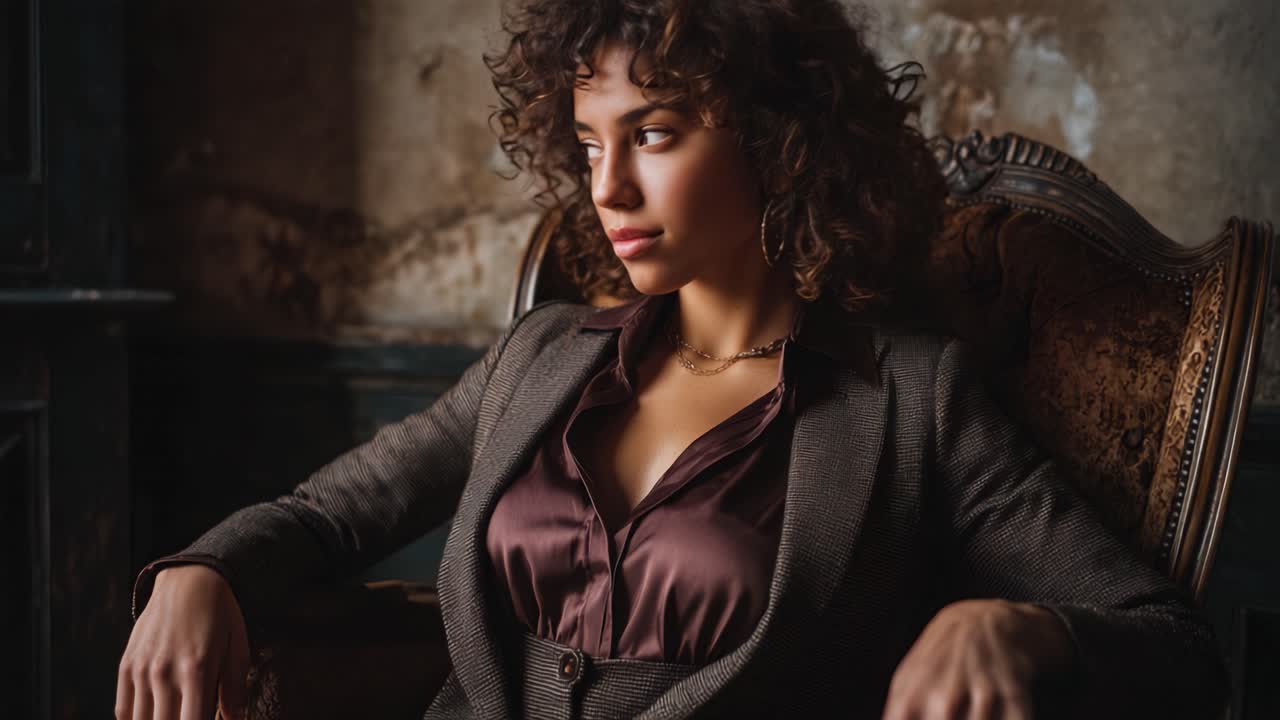 Confident Elegance: A Portrait of a Stylish Woman Seated in an Ornate Chair, Capturing Her Poise and Intriguing Expression in Dramatic Lighting