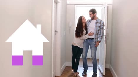 animación del icono de la casa llenándose de púrpura sobre la pareja feliz en el nuevo hogar