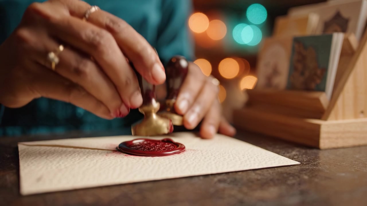 Sealing an Important Letter with Wax: A Timeless Tradition Captured in Two Frames, Showcasing the Details of the Process and the Elegance of Wax Signatures
