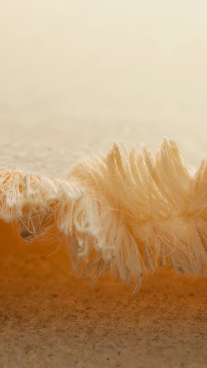 Vertical video: Showing frayed fringe lifting and settling on sand with focus shift to show texture