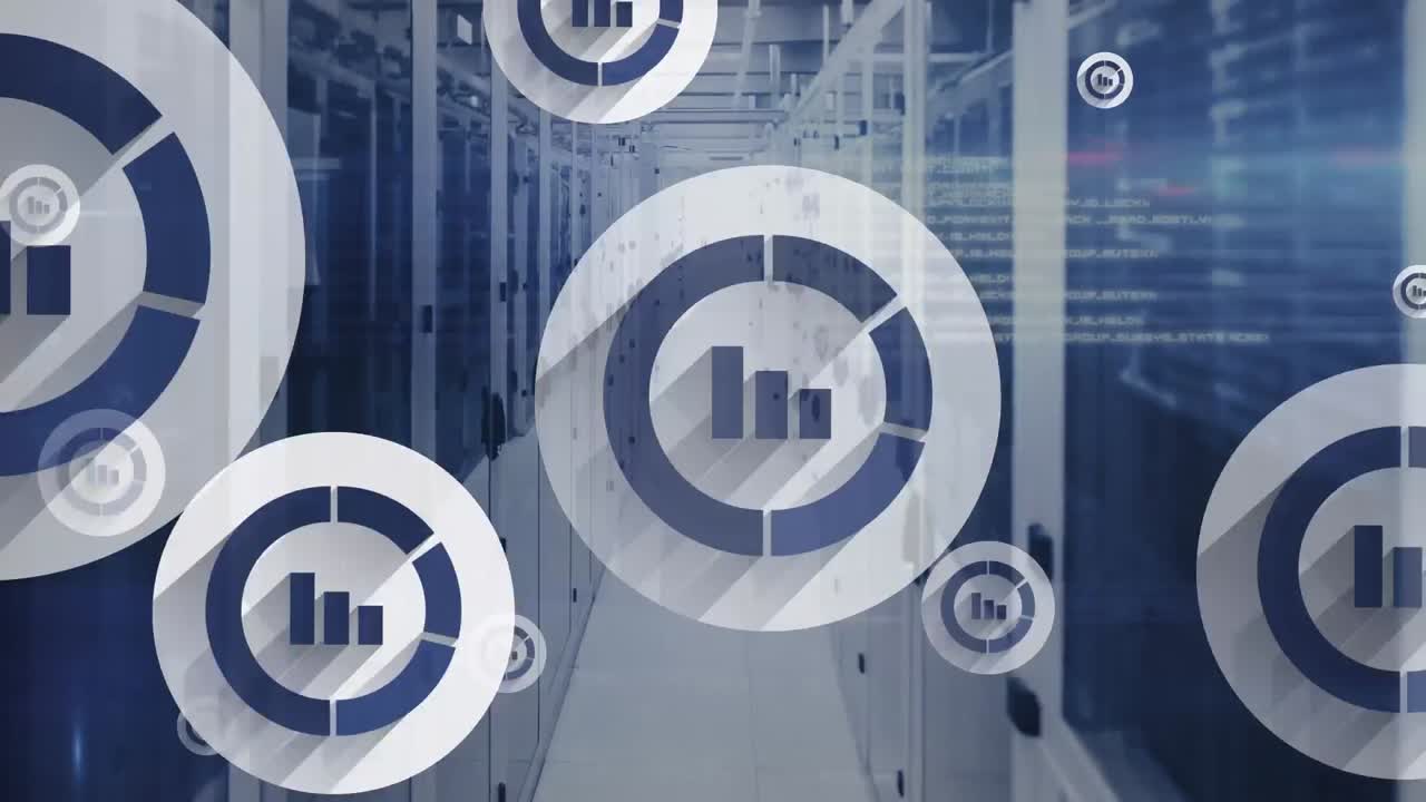 animación de múltiples iconos de gráficos de barras flotantes y procesamiento de datos contra la sala de servidores de computadoras