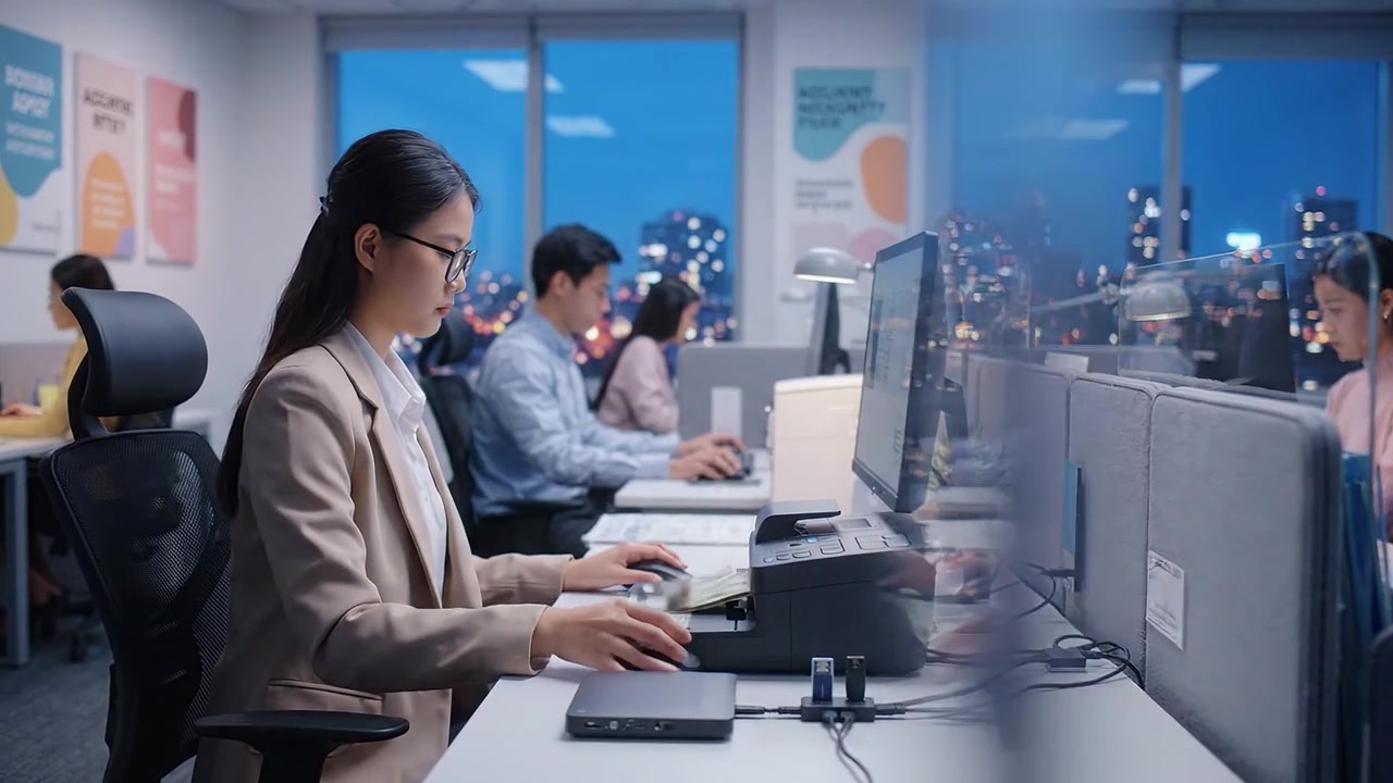 A focused professional working efficiently at her desk in a modern office environment during the evening, showcasing dedication and productivity in a corporate setting.