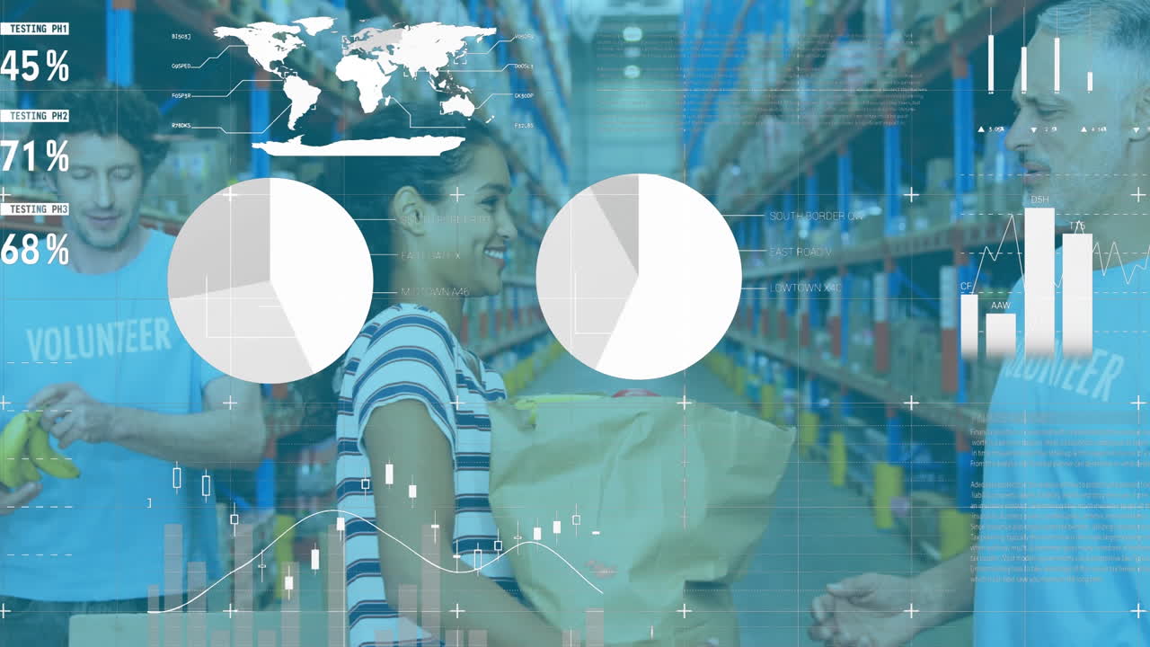 animación de estadísticas y procesamiento de datos financieros sobre diversas personas que se ofrecen como voluntarios en el almacén