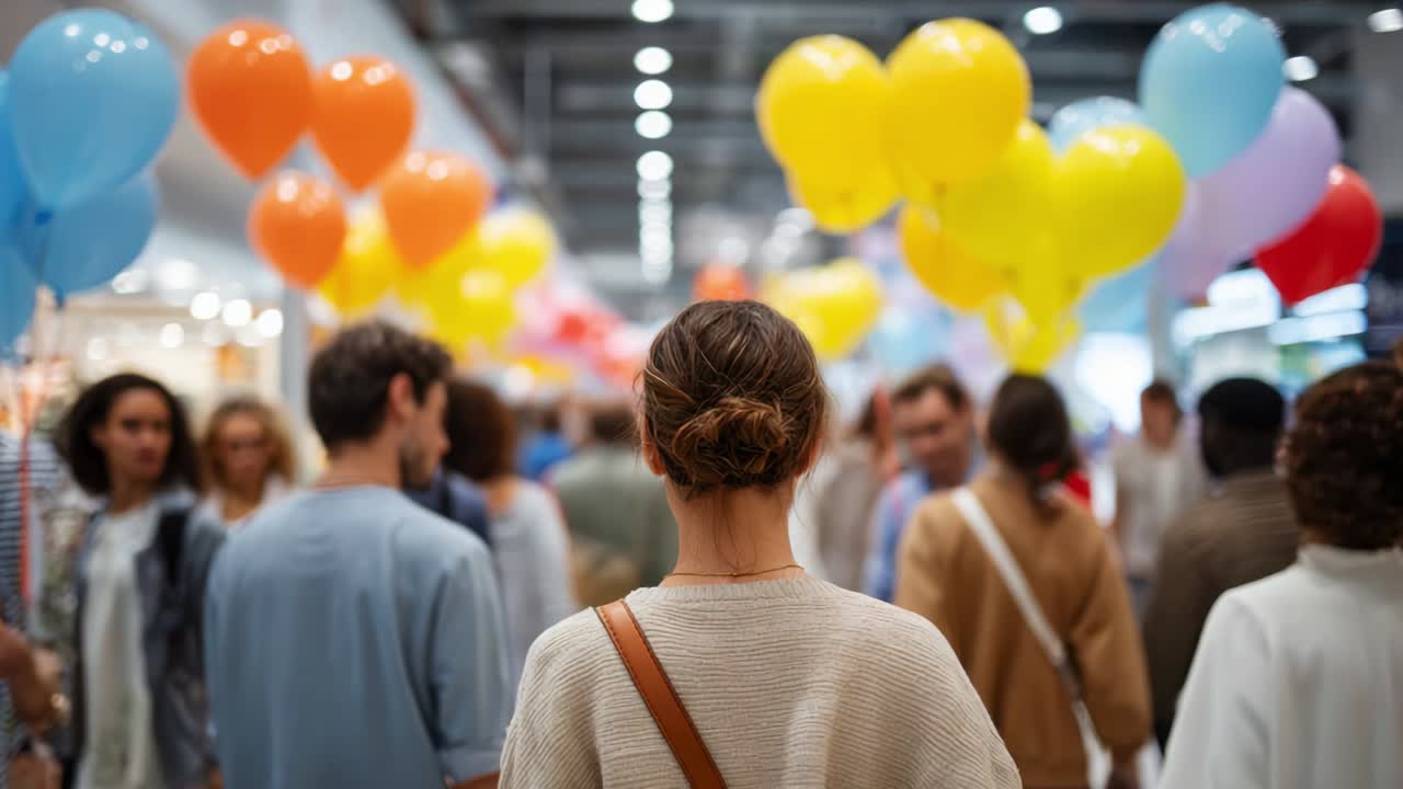 A Wanderer Amidst Colorful Celebrations: Capturing the Essence of a Joyful Crowd with Balloons in a Lively Space, Where People Connect and Share Moments of Happiness and Community Spirit