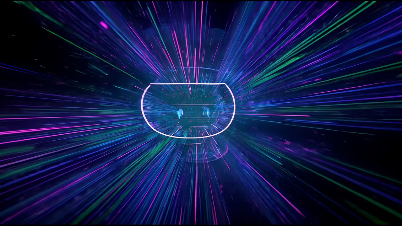 Converging neon beams forming glowing portal rim, receding into vibrant light tunnel