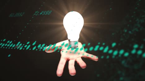 Animation-of-hand-with-light-bulb-and-data-processing-over-dark-background