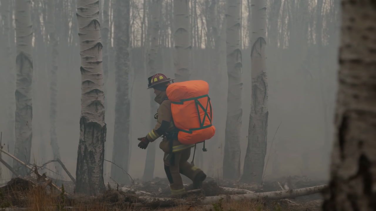 Smoky Birch Forest Firefighter Carrying Pack Moving Through Haze And Ash, Wearing Helmet And Protective Gear