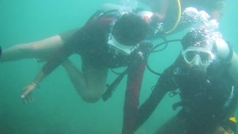 amigos disfrutando de la primera experiencia de buceo en india almacen de video