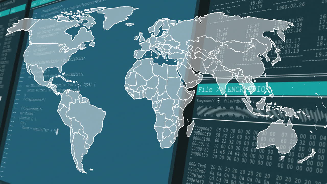 mapa del mundo y animación de cifrado de datos sobre pantalla digital con codificación