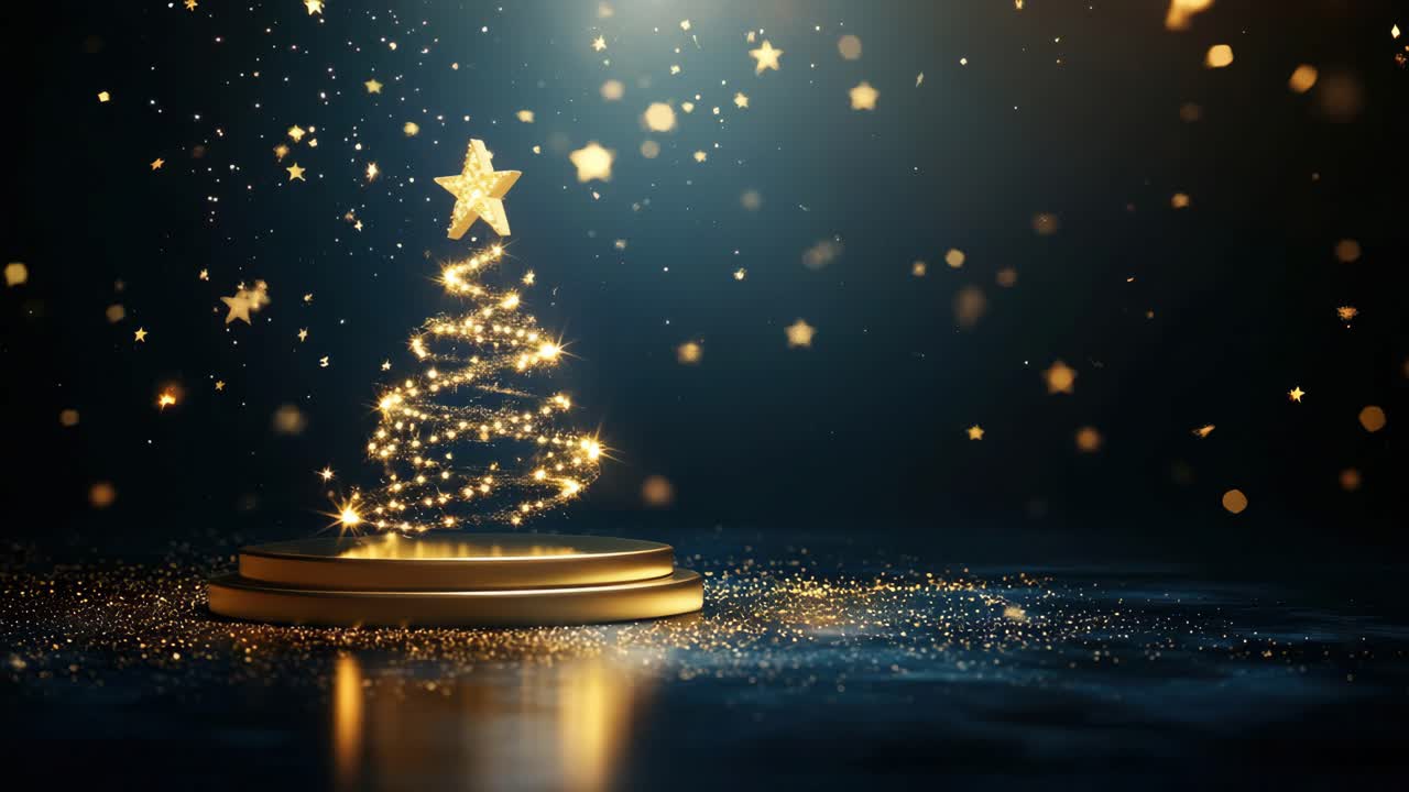 Glowing Christmas tree with star, shot from a low angle, perfect for festive video