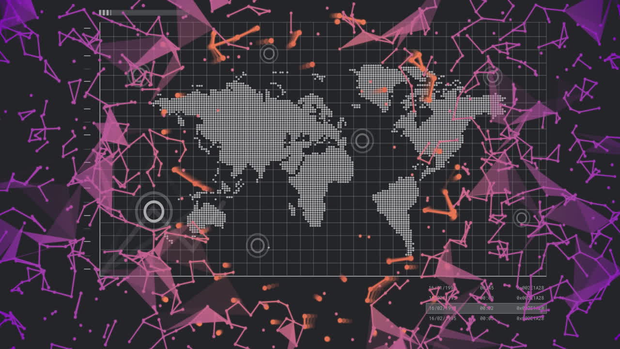 World map with data points and network connections animation over abstract shapes
