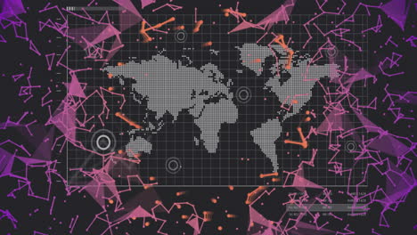 world map with data points and network connections animation over abstract shapes