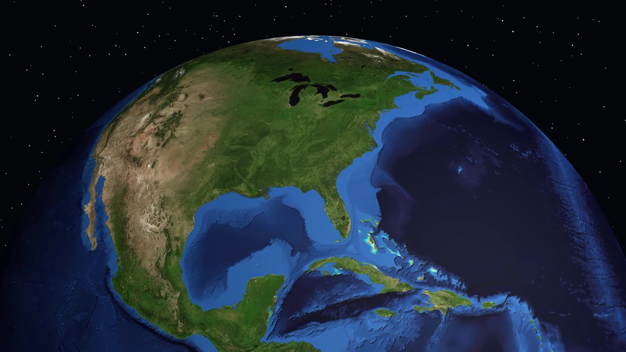 Un globo 3D ruota e si ingrandisce sul Nord America, evidenziando Albany, Georgia, con dati.