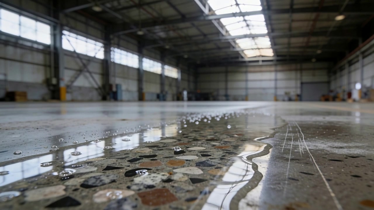 Opening cam revealing wet terrazzo with puddles in empty hall, showing skylights for texture