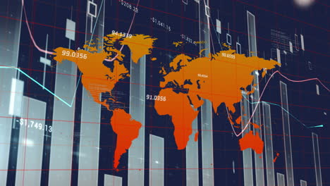 animation of world map over statistical data processing against blue background