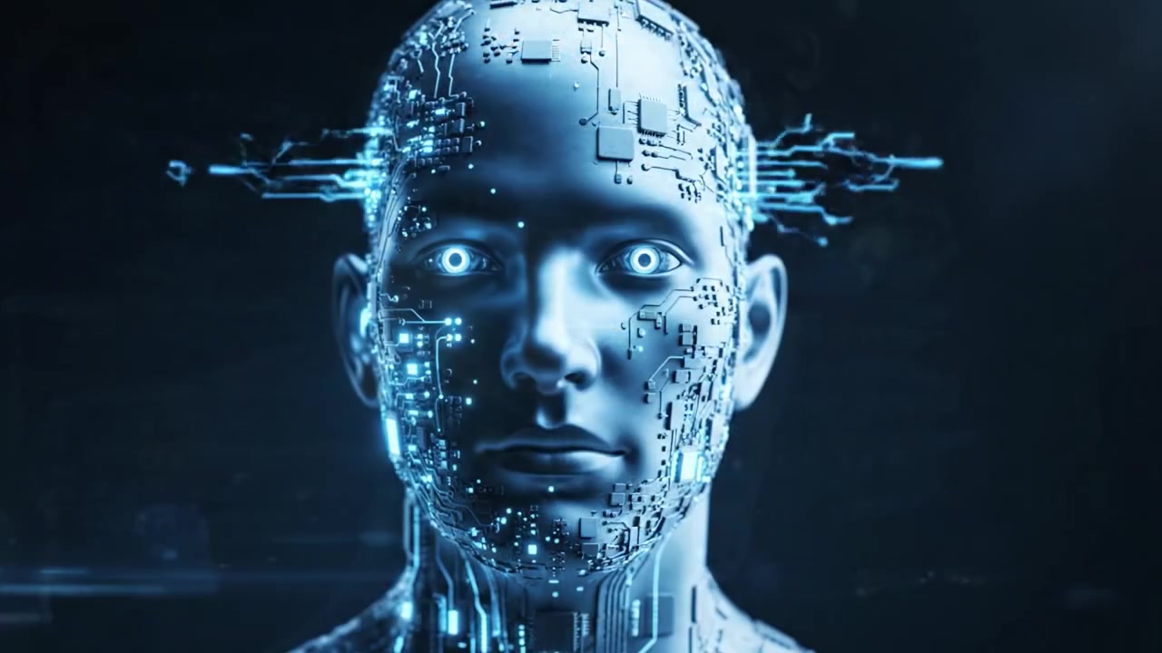 Uno Sguardo Mozzafiato a un Androide Futuristico con un Intricato Motivo di Circuiti, che Fonde Caratteristiche Umane con Tecnologia Avanzata e Intelligenza Artificiale