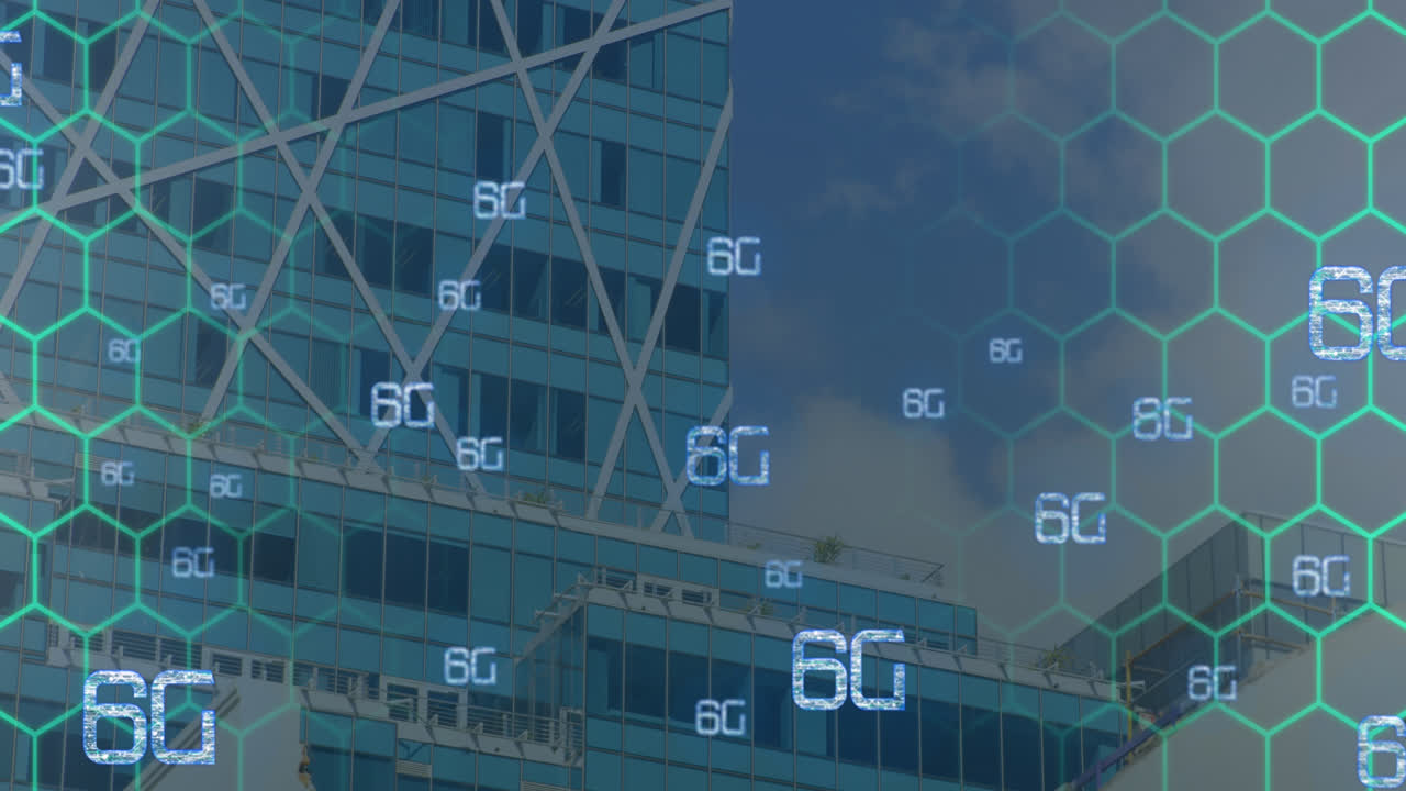도시 풍경 위의 6g 텍스트와 연결된 네트워크의 애니메이션