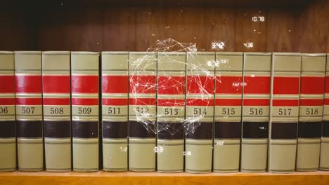 animación del globo con una red de conexiones sobre estantes con libros en la biblioteca