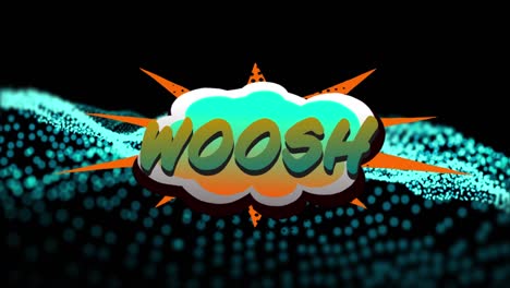 Animation-of-woosh-text-over-blue-dots-on-black-background