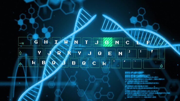 Animation of dna strands, data processing on black background