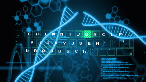 Animation-of-dna-strands,-data-processing-on-black-background