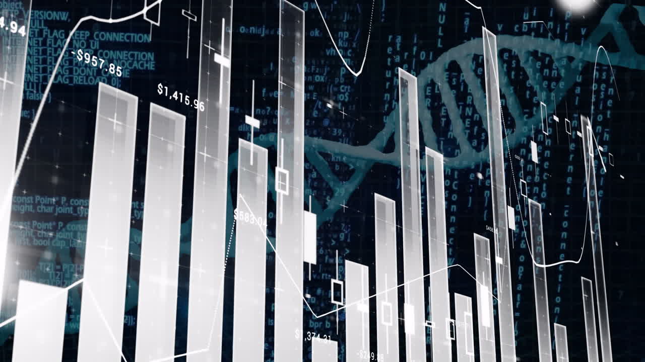 Animation of financial data graphs overlaying DNA strand and binary coding background