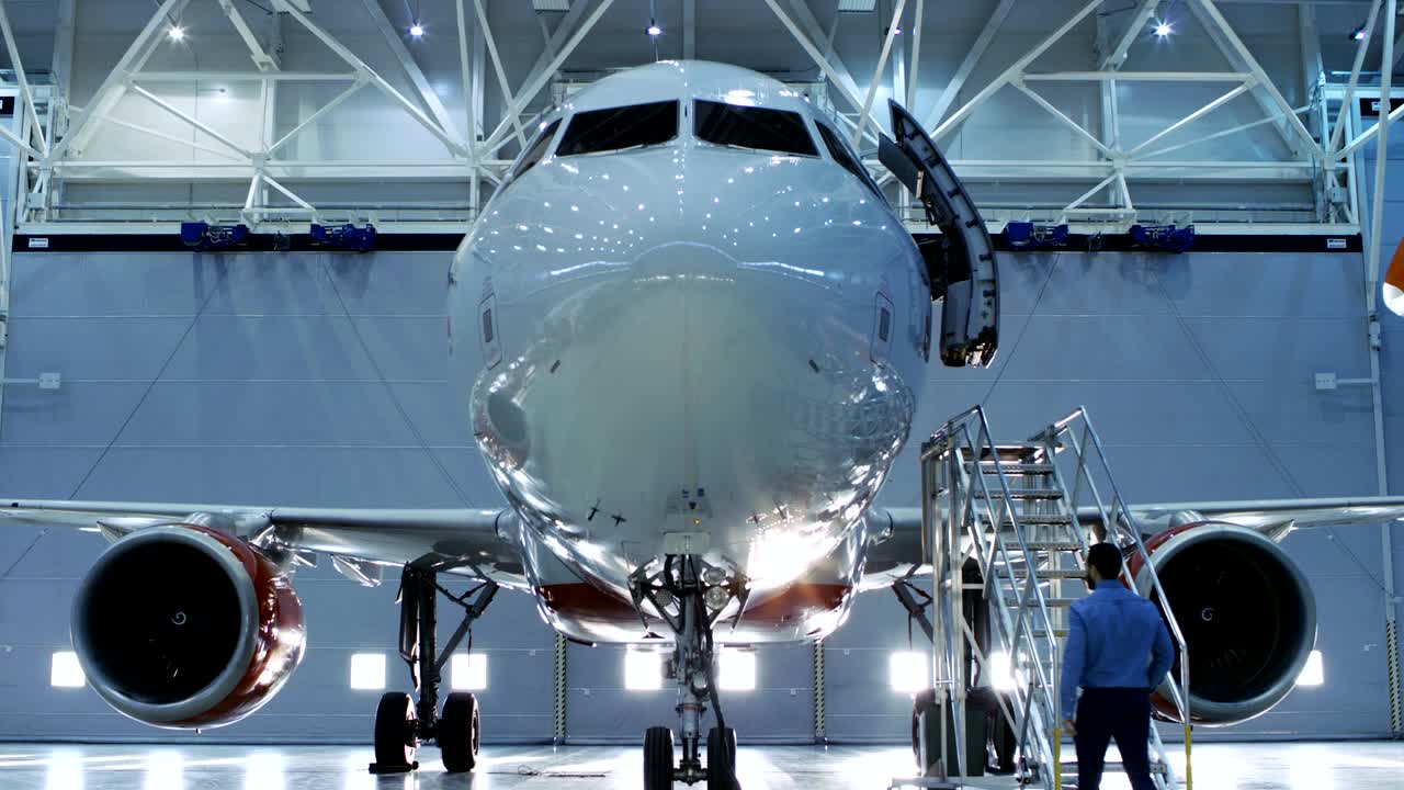 真新しいプライベートジェットが航空機整備格納庫に駐機し、チーフエンジニア/警備員が全て問題ないか確認している