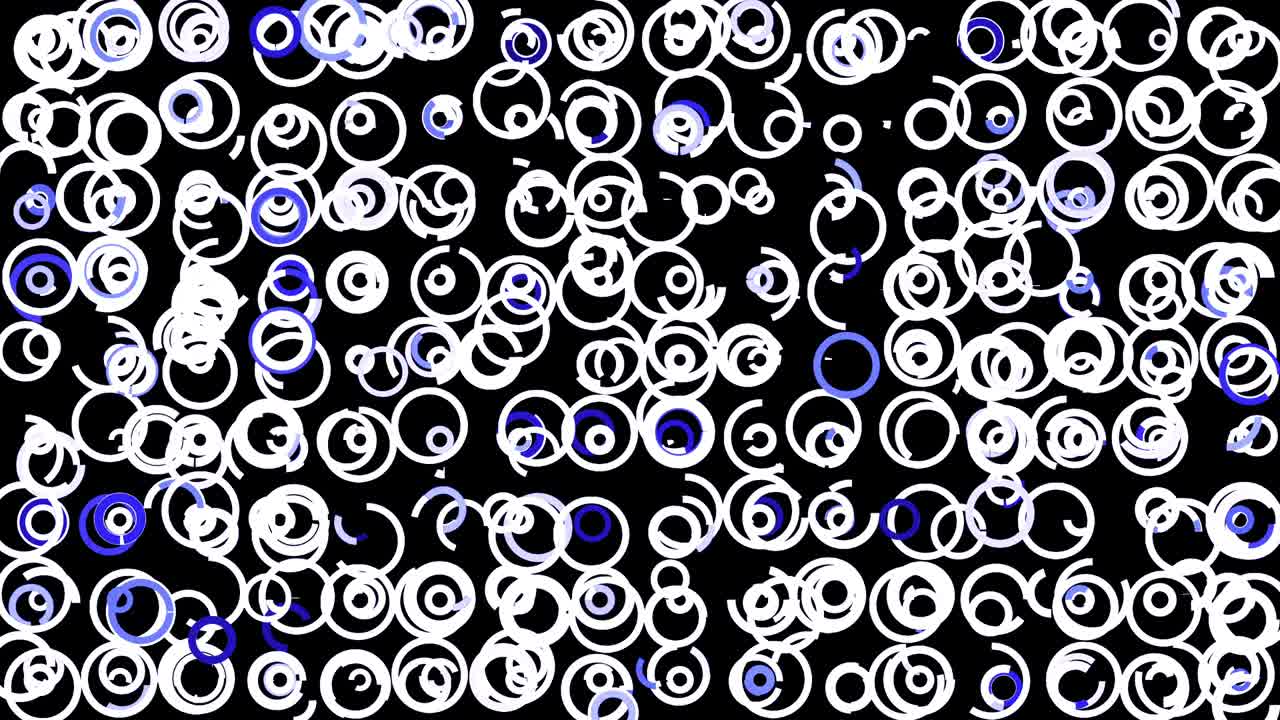 muchos anillos formados por líneas estrechas dobladas aisladas en fondo negro, bucle sin costuras. animación. movimiento caótico de círculos, figuras balanceadas azules y blancas