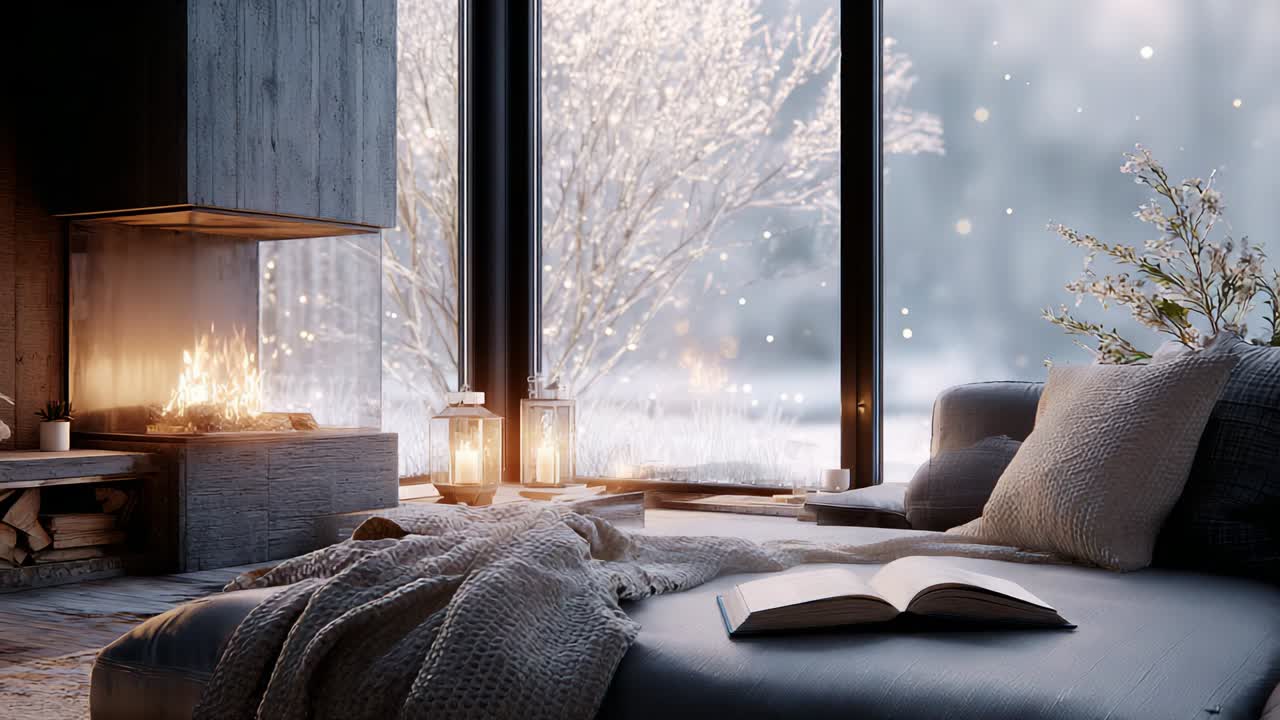 A Cozy Winter Retreat: A Serene Living Room with a Comfortable Couch, Warm Fire, and Picturesque Snowy Landscape Outside the Large Windows Enhances the Tranquility of the Space