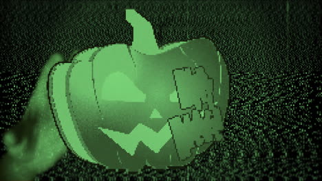 animation of happy halloween and green pumpkin on black background