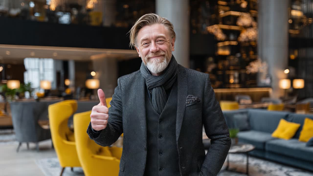 Confident Man in Stylish Attire Giving Thumbs Up in Modern Lounge Setting, Conveying Positivity and Elegance in a Cozy Atmosphere