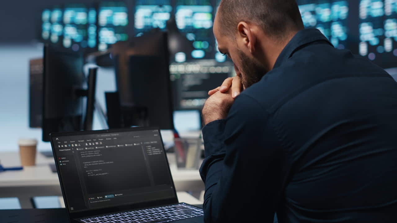 Computer scientist overseeing data center servers, typing code on laptop