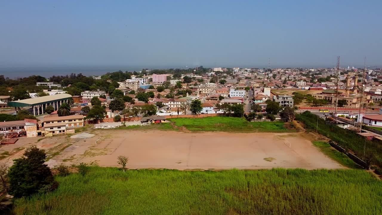 Establishing Aerial Panorama Drone Fly Above Banjul City Capital of The Gambia, Commemorative Arch 22