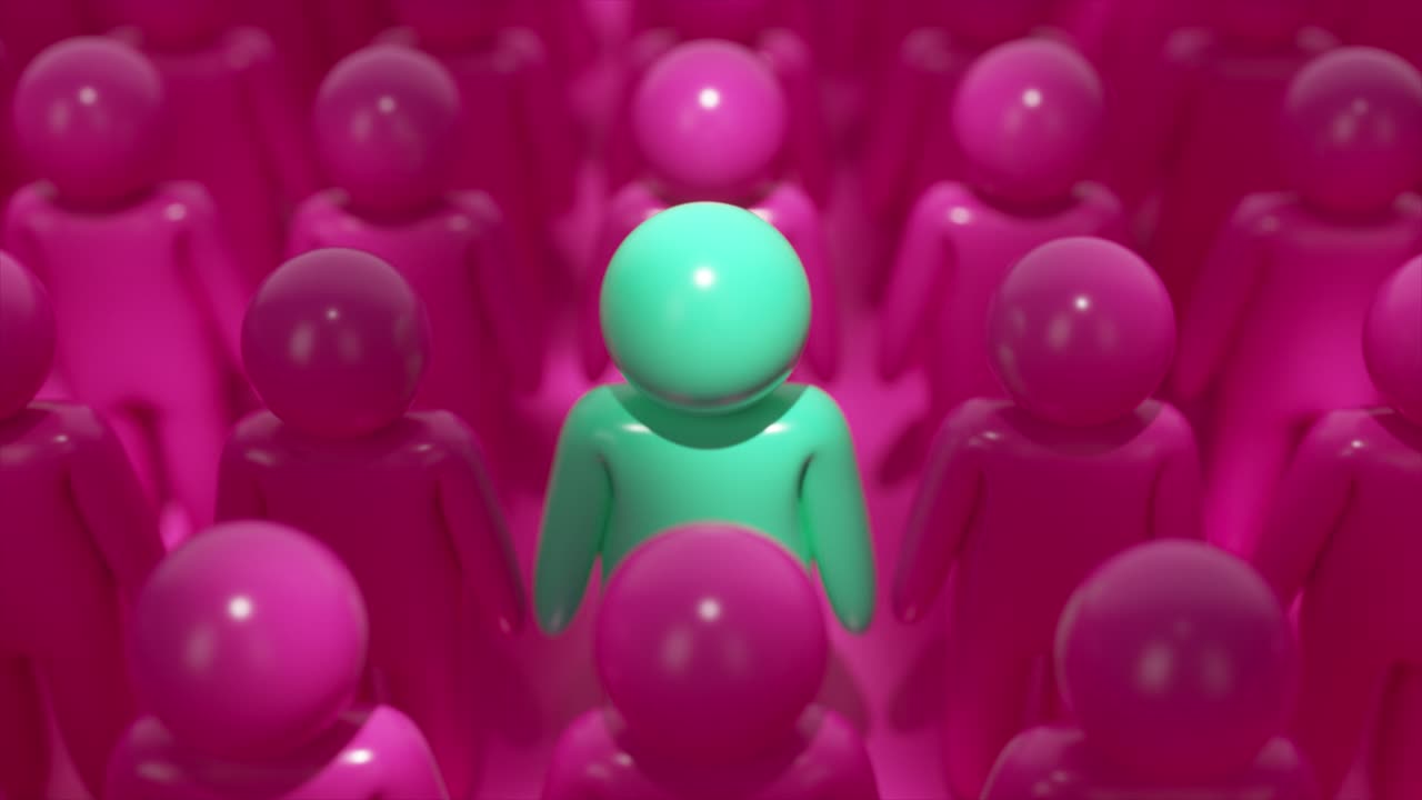 una sola figura de color azul en una multitud de figuras rosadas
