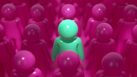 single teal figure in a crowd of pink figures