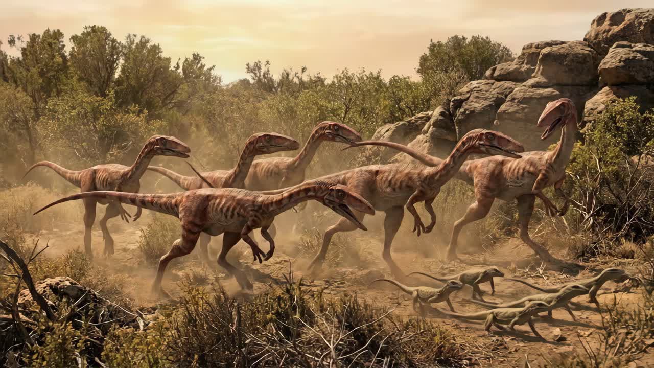 Grupo de dinosaurios carnívoros en un paisaje prehistórico