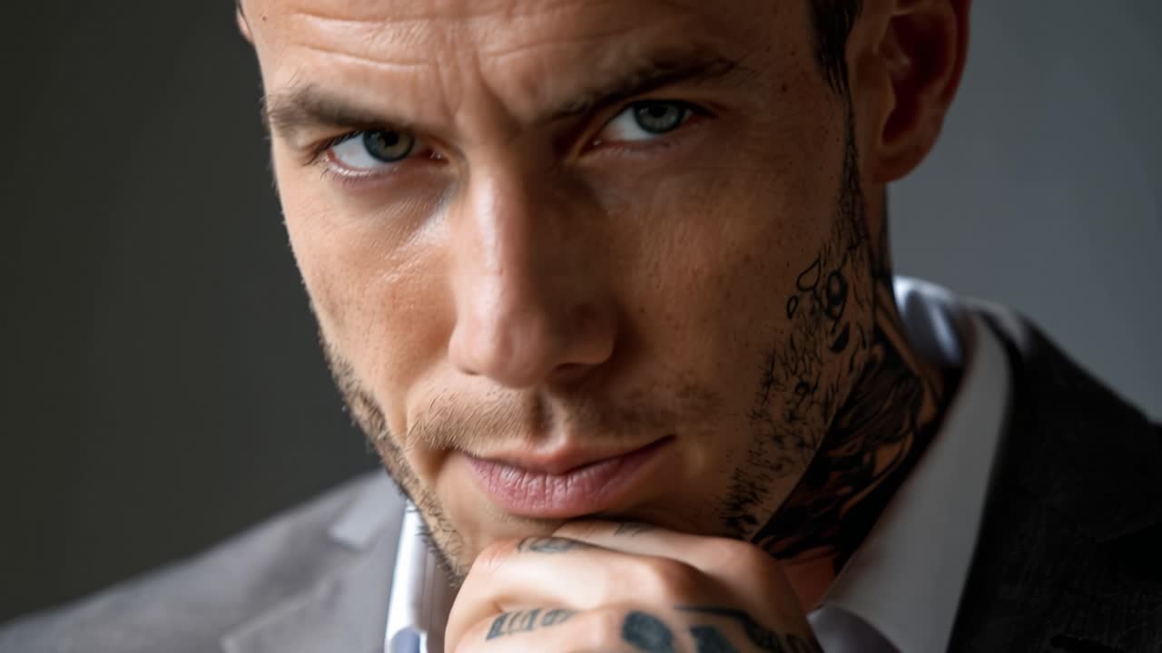 Uomo tatuato guarda intensamente la telecamera. La mano tocca il collo mentre guarda dritto davanti a sé. L'abito scuro contrasta con gli intricati disegni dei tatuaggi. L'abito suggerisce professionalità mista a uno stile audace.