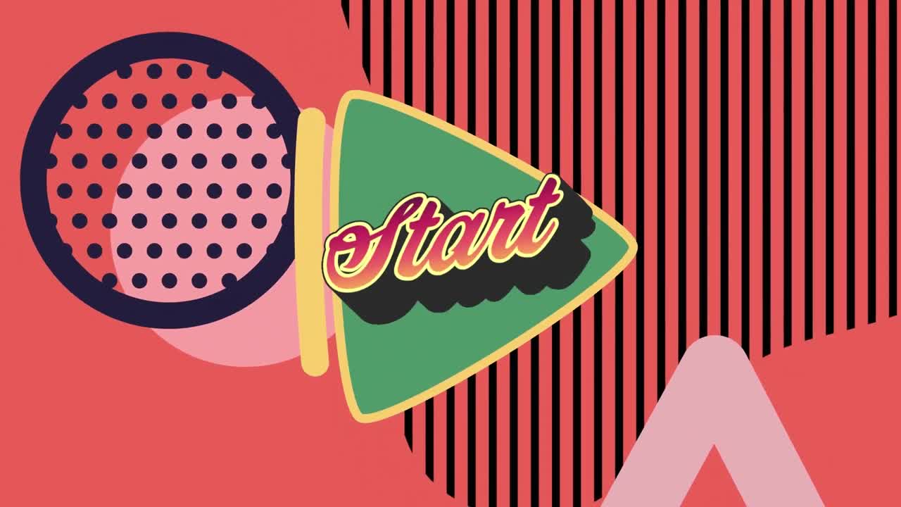 다채로운 그래픽과 모양 위에 시작 텍스트의 애니메이션