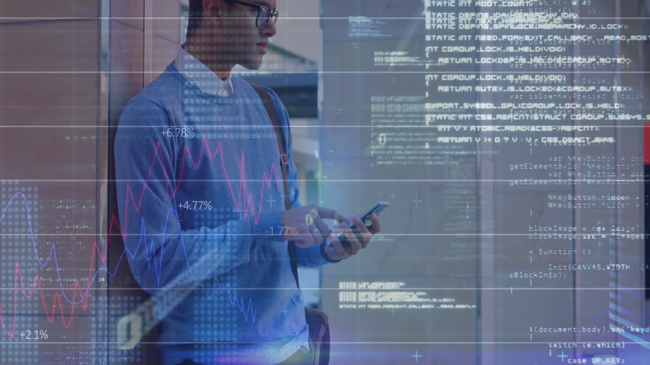 Animation of binary codes, computer language, biracial man standing and scrolling on cellphone