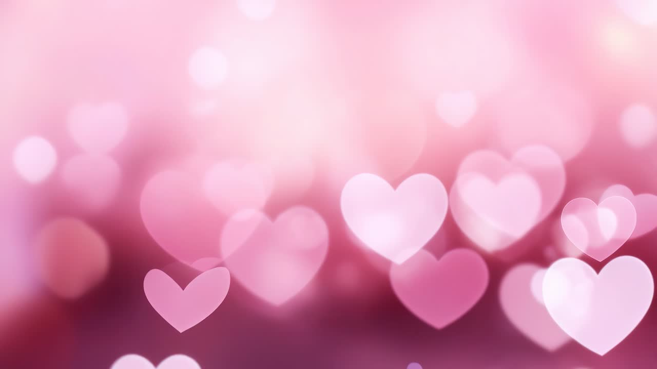 A dreamy, pink bokeh background with heart shapes, shot from a straight angle