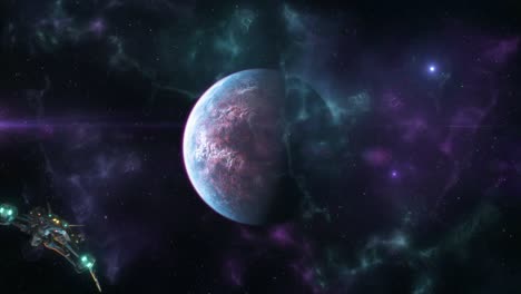 spaceship flying away from a distant alien world