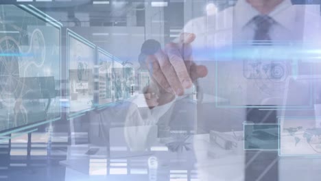 animación del procesamiento de datos y columnas móviles sobre diversas personas de negocios en la oficina