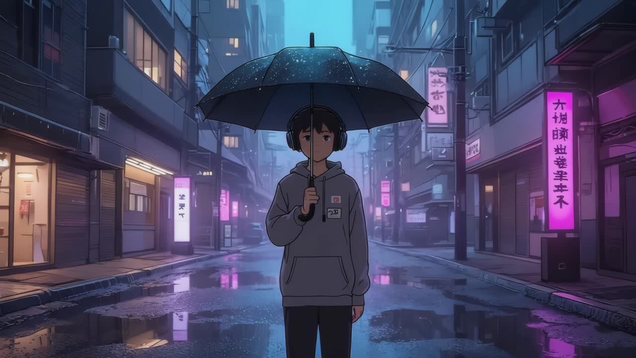Anime Boy with Umbrella in Rainy City Street